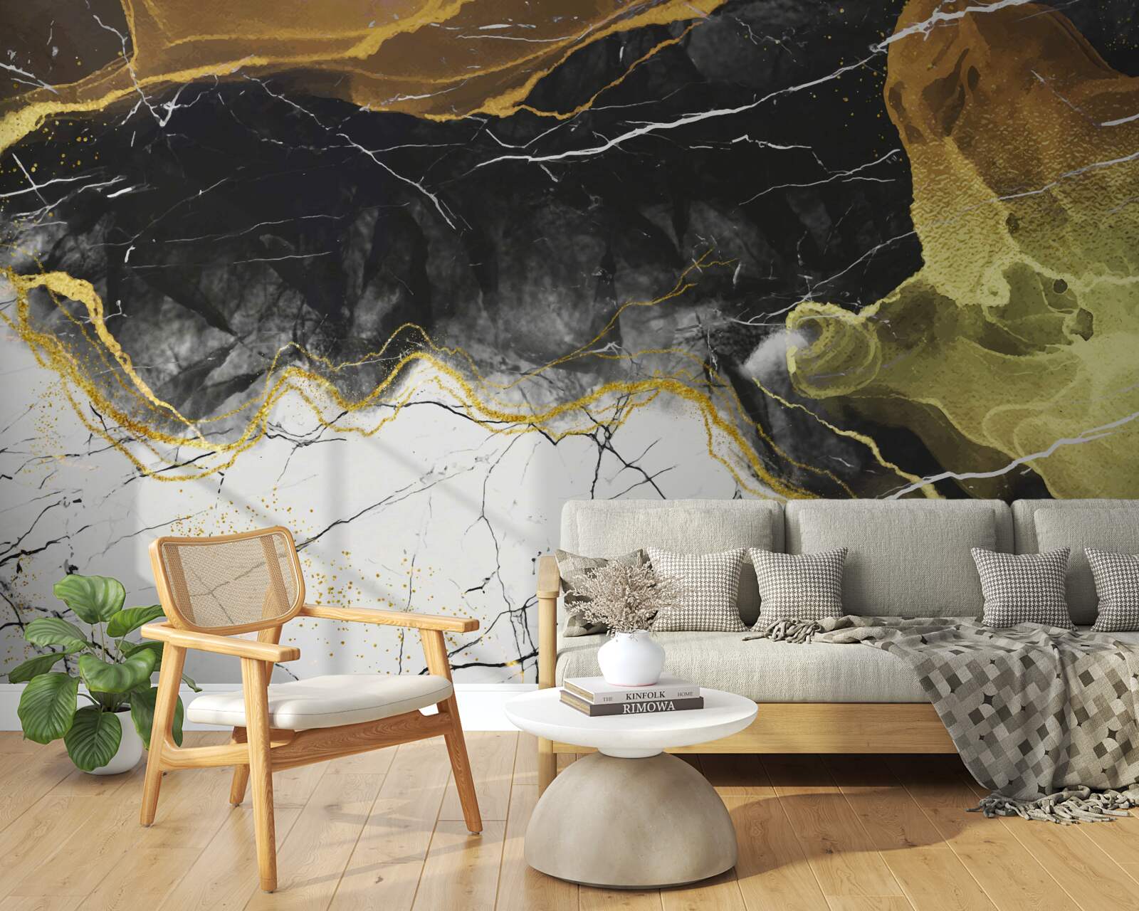 Papier peint marbre noir et blanc avec des tons dorés