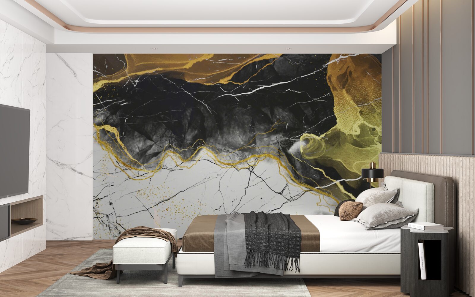 Papier peint marbre noir et blanc avec des tons dorés