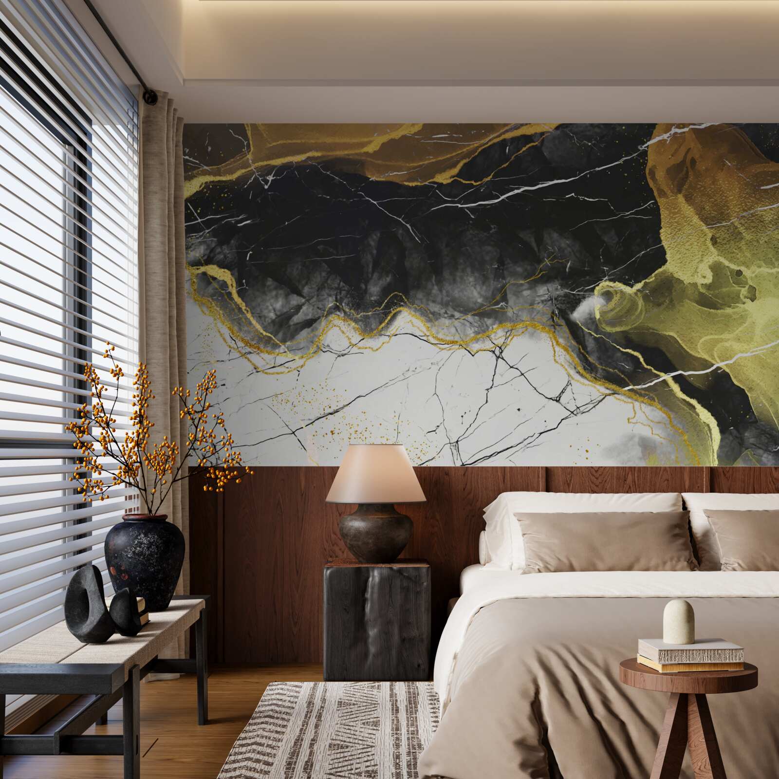 Papier peint marbre noir et blanc avec des tons dorés