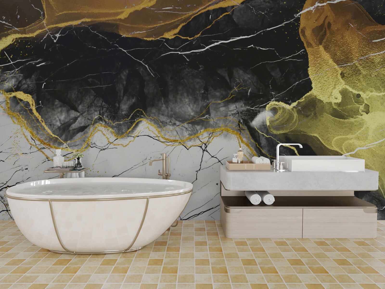 Papier peint marbre noir et blanc avec des tons dorés