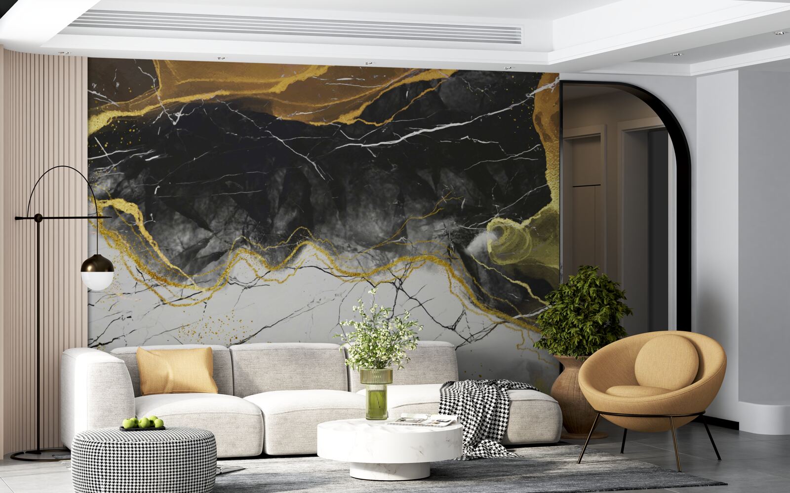 Papier peint marbre noir et blanc avec des tons dorés