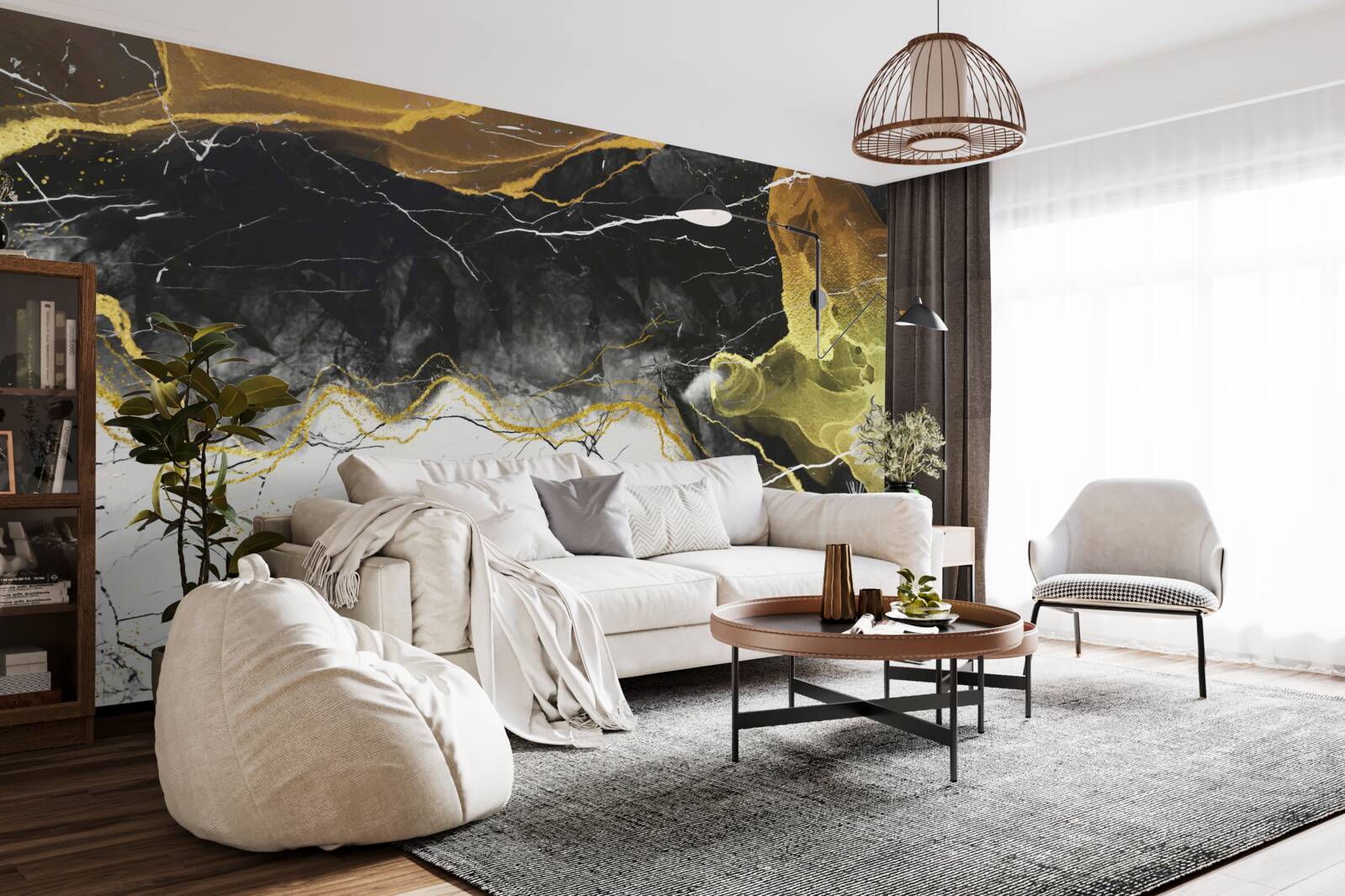 Papier peint marbre noir et blanc avec des tons dorés