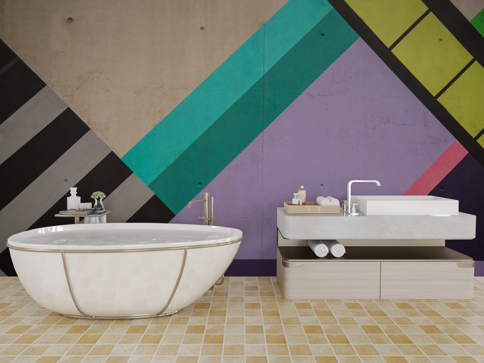 Papier peint des rectangles de couleur sont affichés dans le miroir