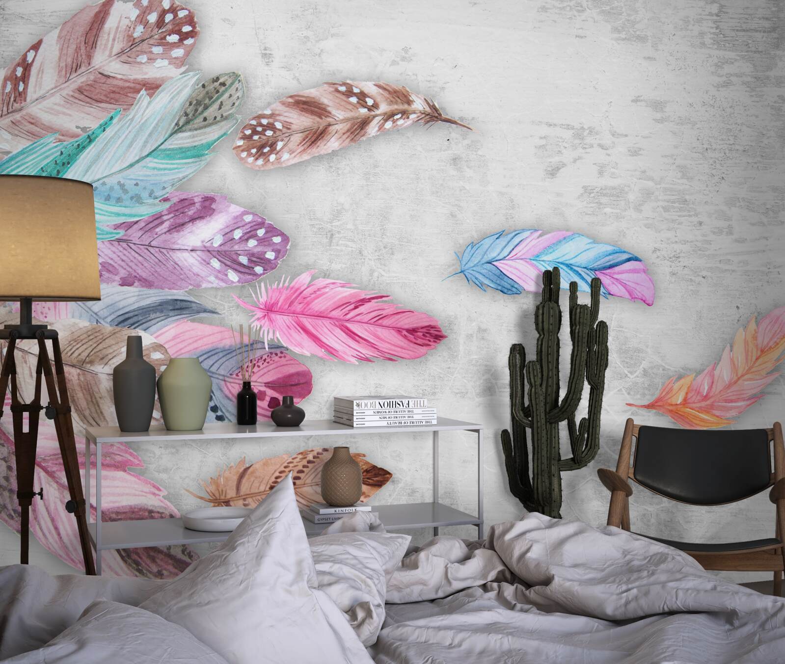 Papier peint plumes dans des tons clairs et doux