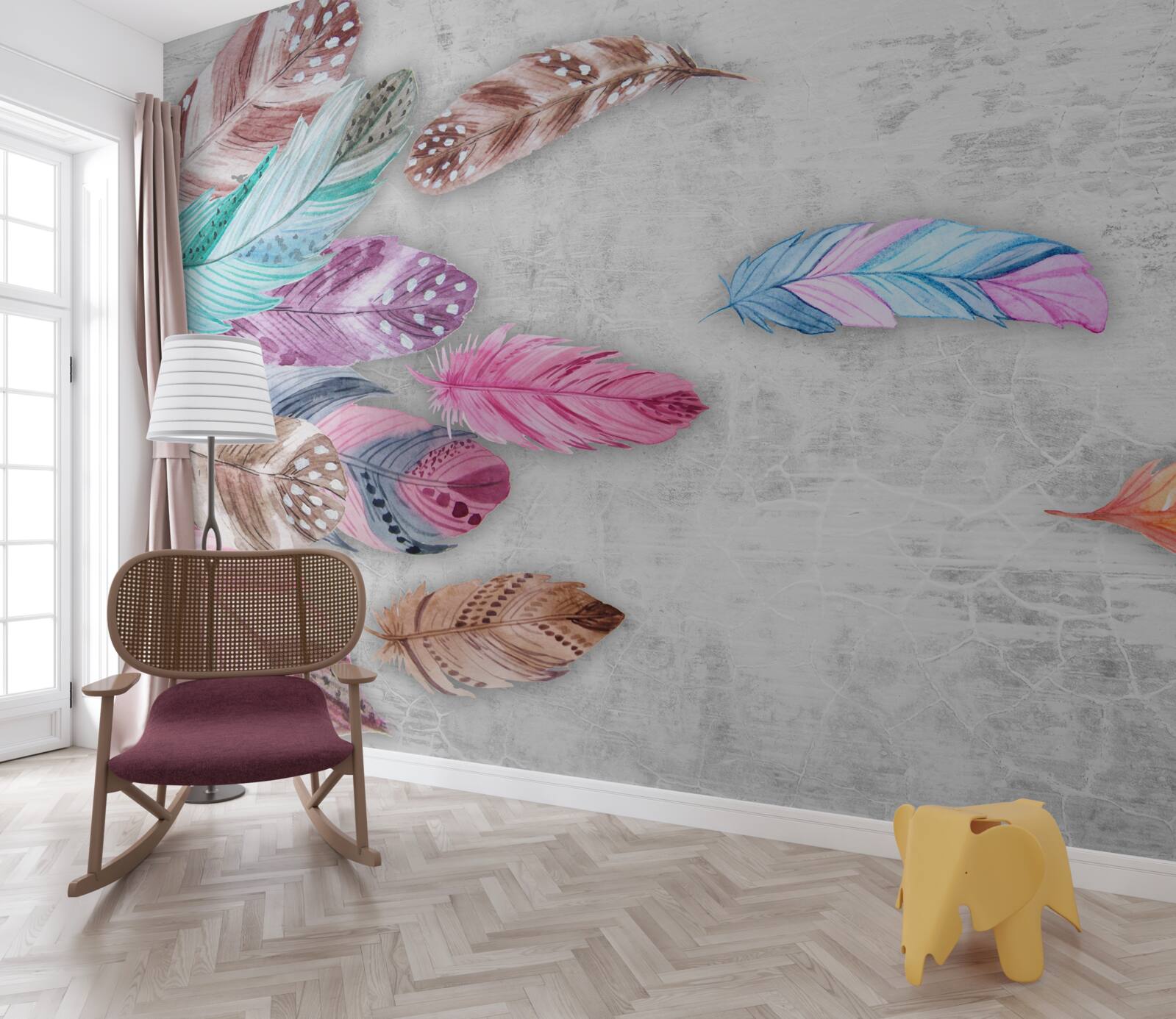 Papier peint plumes dans des tons clairs et doux