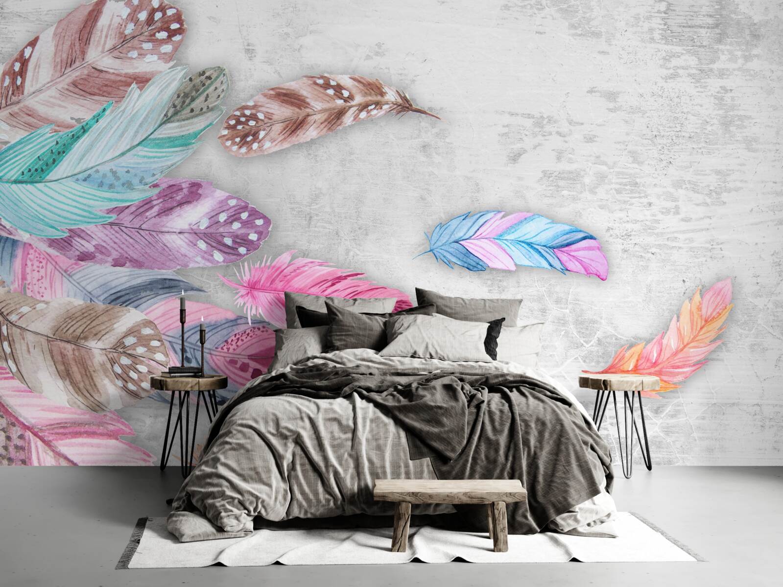 Papier peint plumes dans des tons clairs et doux