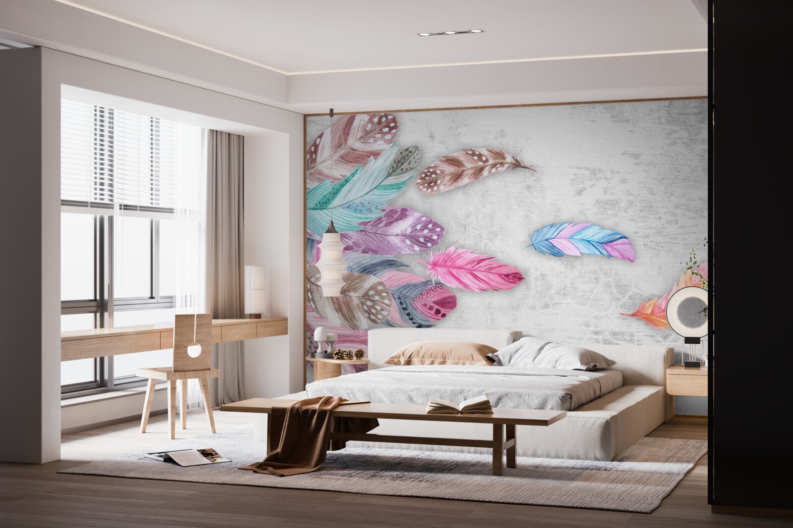 Papier peint plumes dans des tons clairs et doux