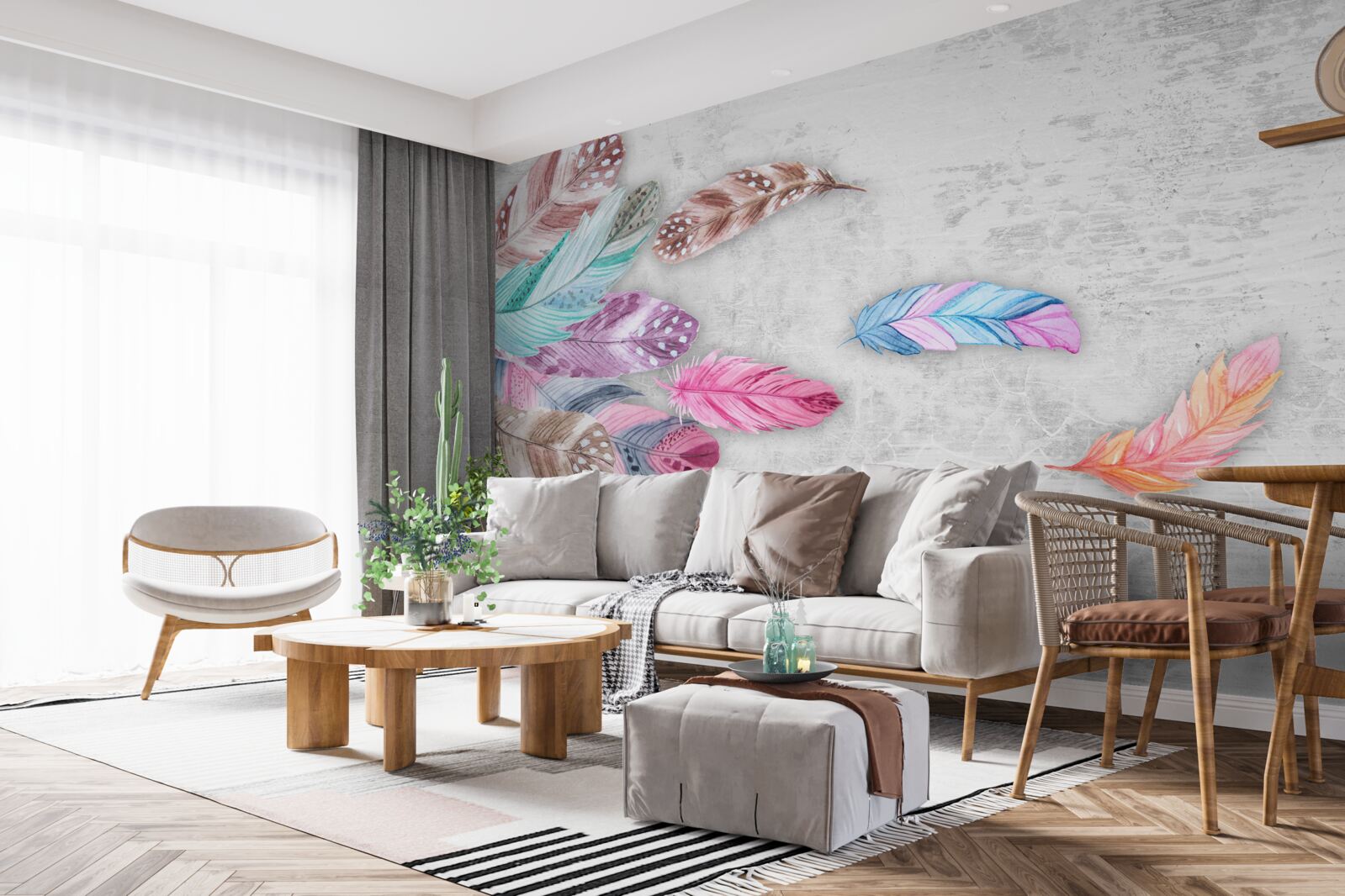 Papier peint plumes dans des tons clairs et doux