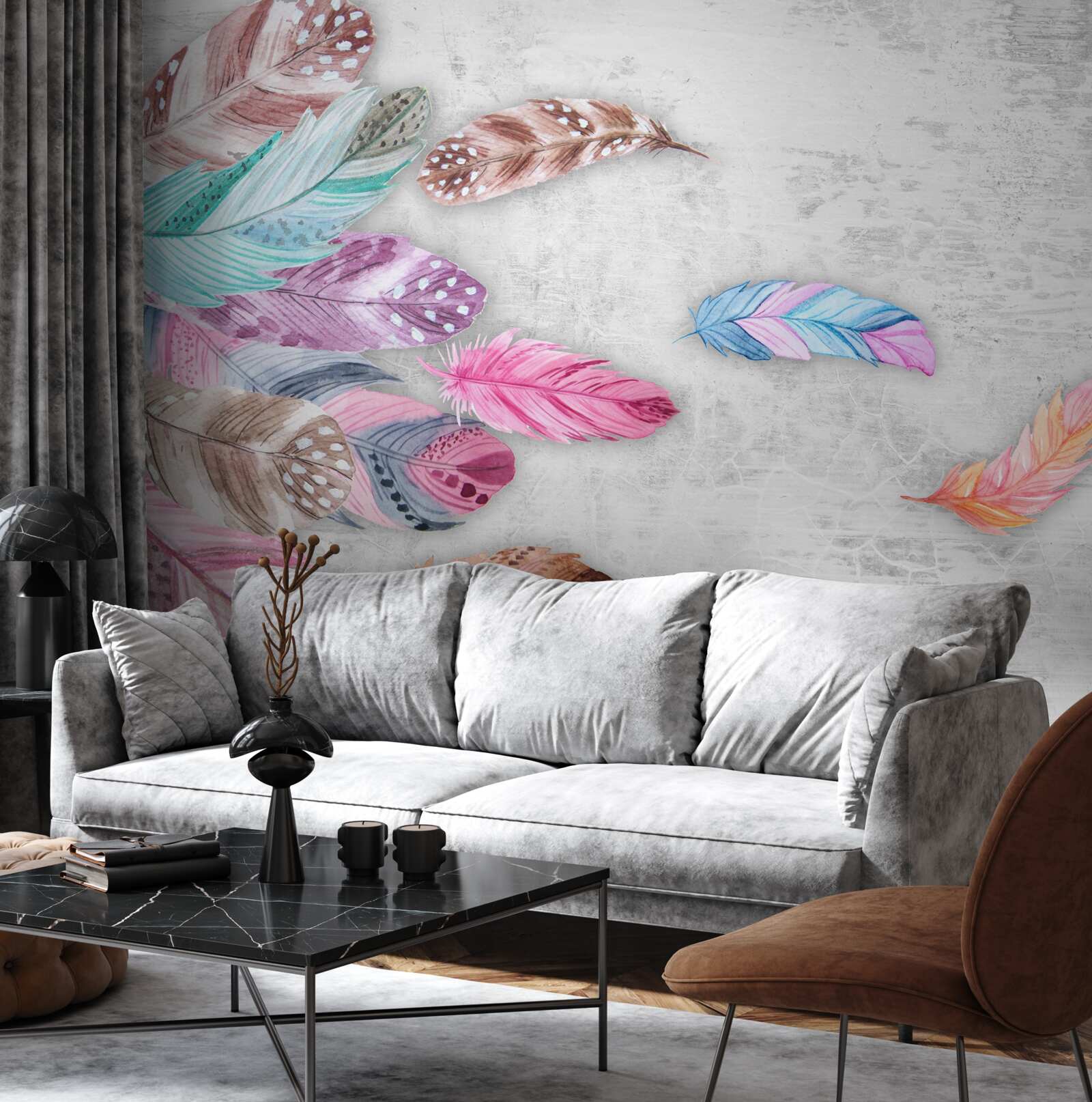 Papier peint plumes dans des tons clairs et doux