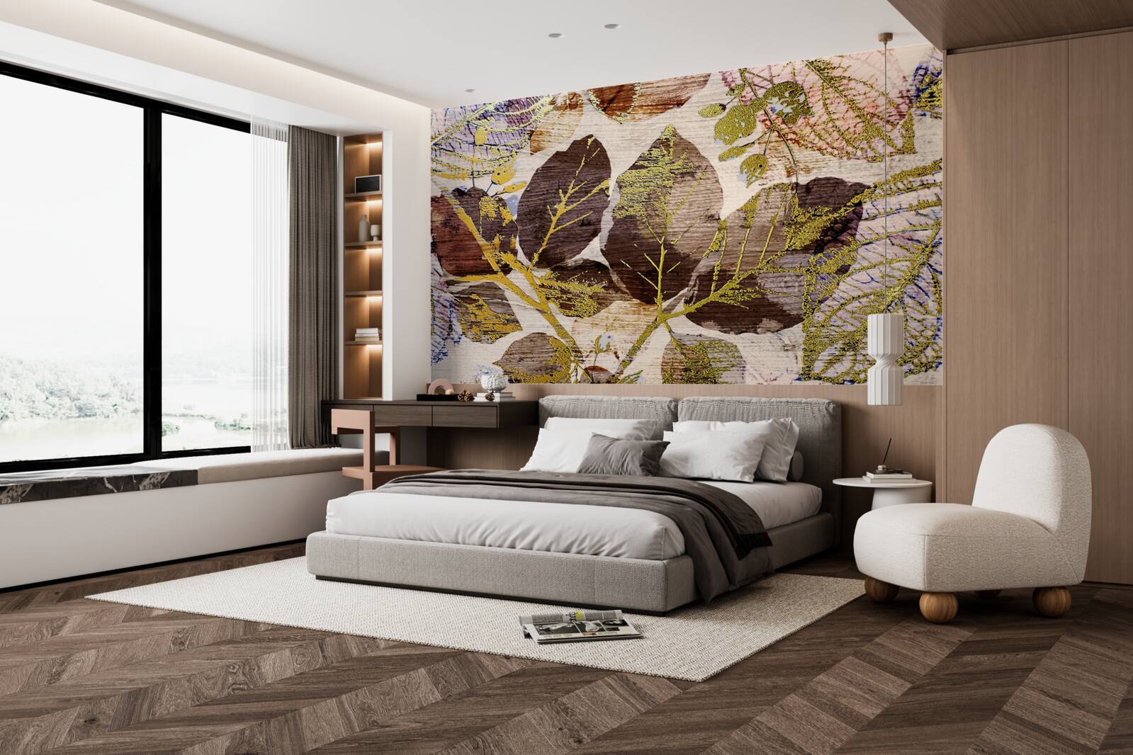 Papier peint feuilles d'automne avec une teinte dorée