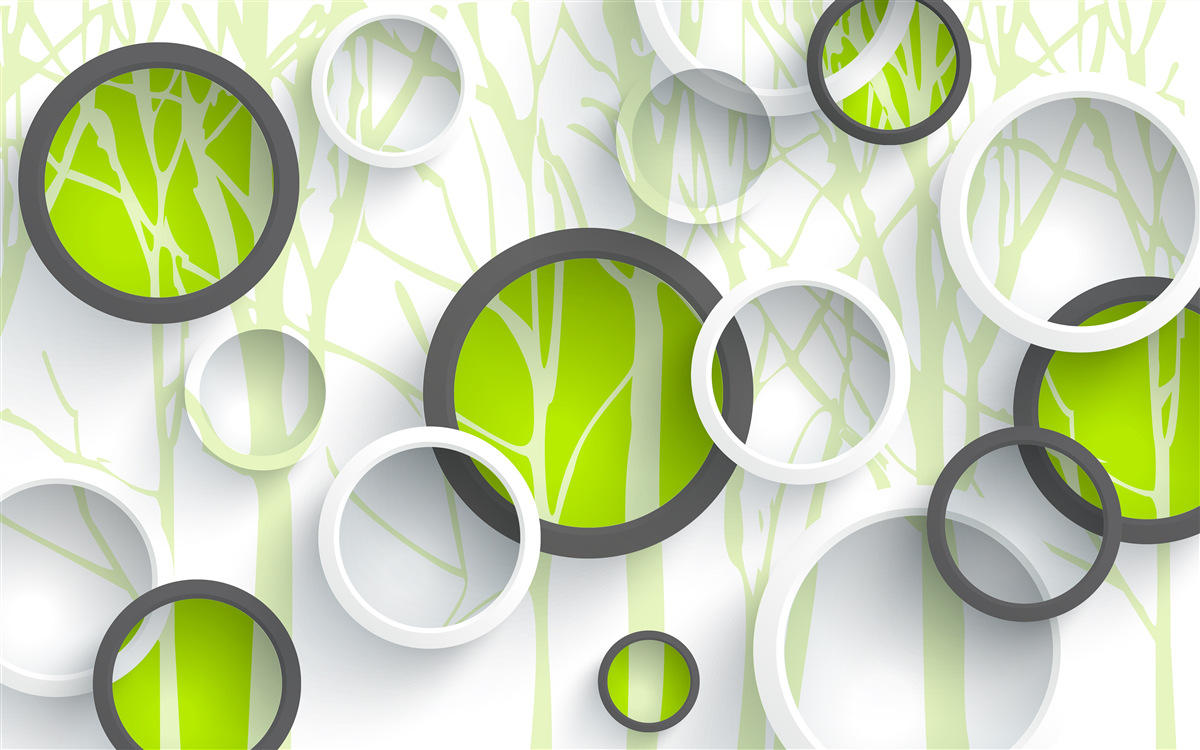 Papier peint cercles verts entrelacés sur fond boisé