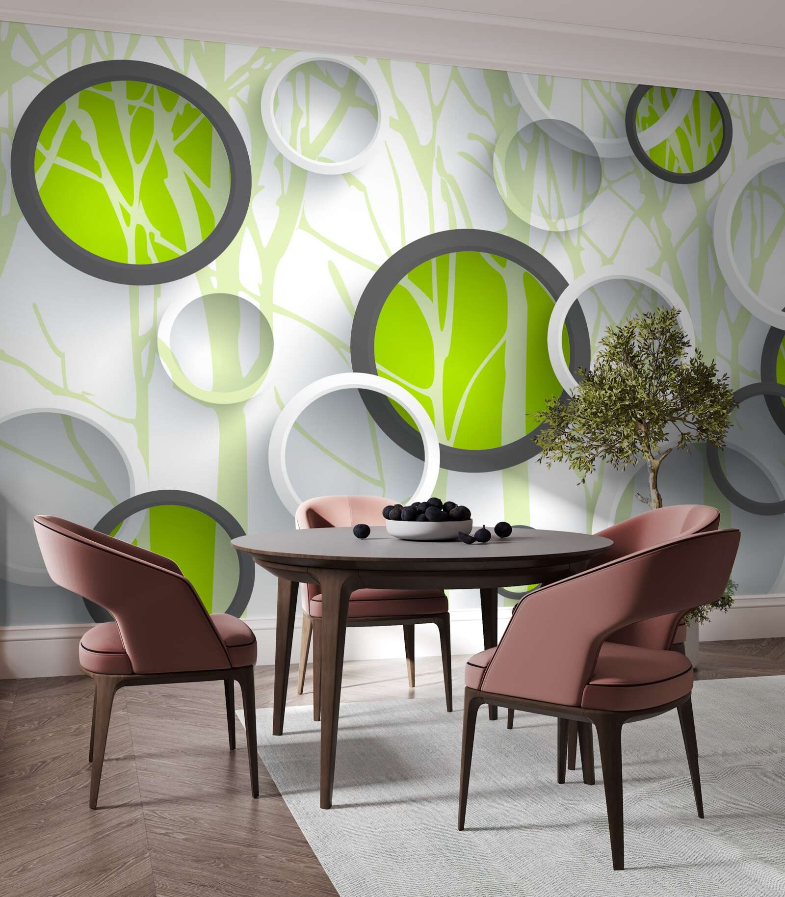 Papier peint cercles verts entrelacés sur fond boisé