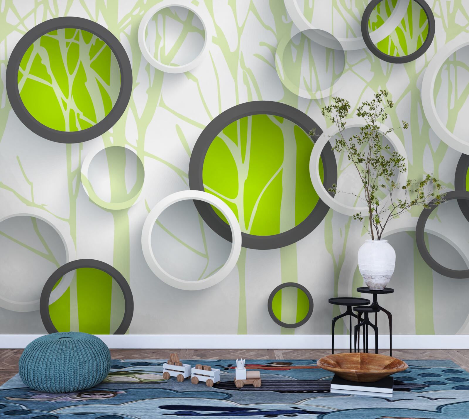 Papier peint cercles verts entrelacés sur fond boisé