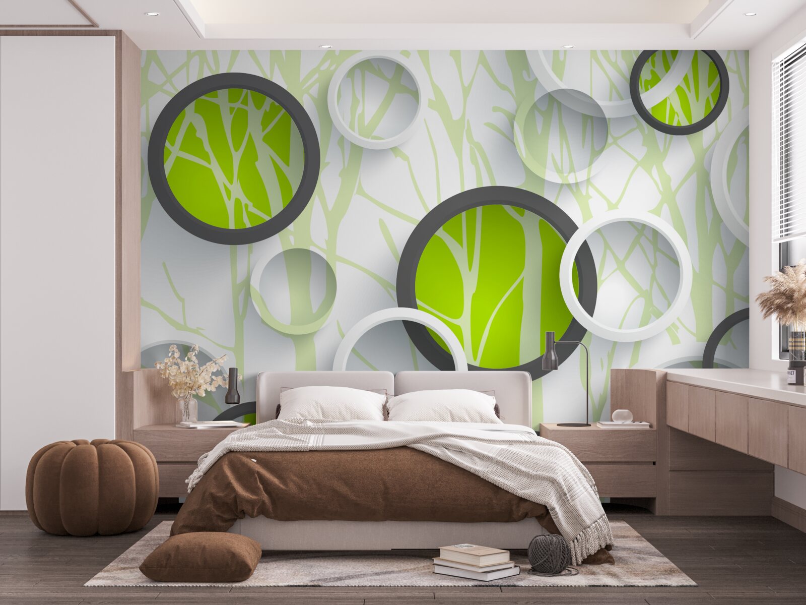 Papier peint cercles verts entrelacés sur fond boisé