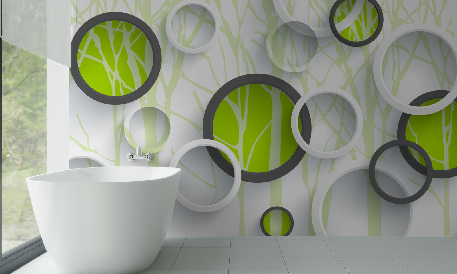 Papier peint cercles verts entrelacés sur fond boisé