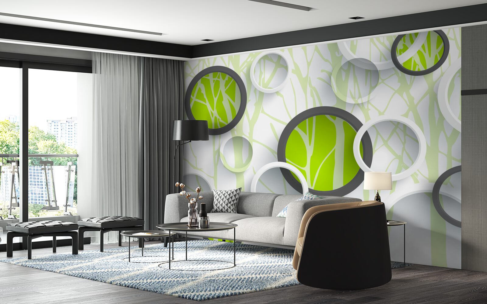 Papier peint cercles verts entrelacés sur fond boisé