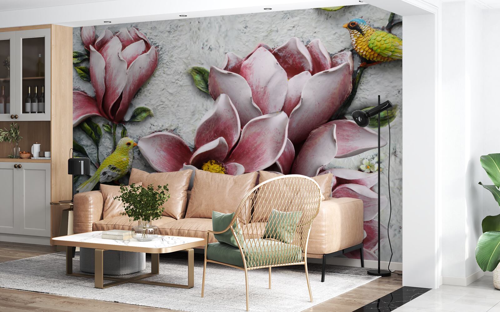 Papier peint le lotus est rouge et blanc et les oiseaux sont jaune vif