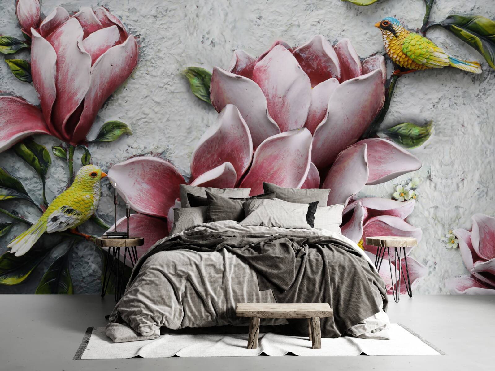 Papier peint le lotus est rouge et blanc et les oiseaux sont jaune vif