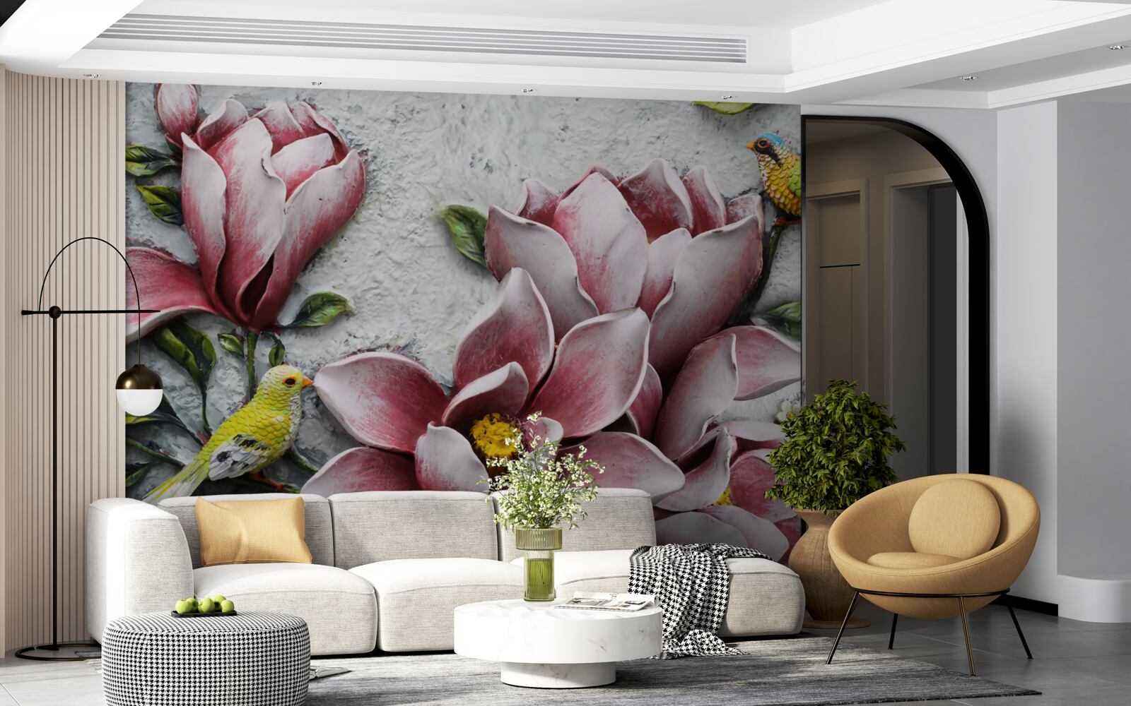 Papier peint le lotus est rouge et blanc et les oiseaux sont jaune vif