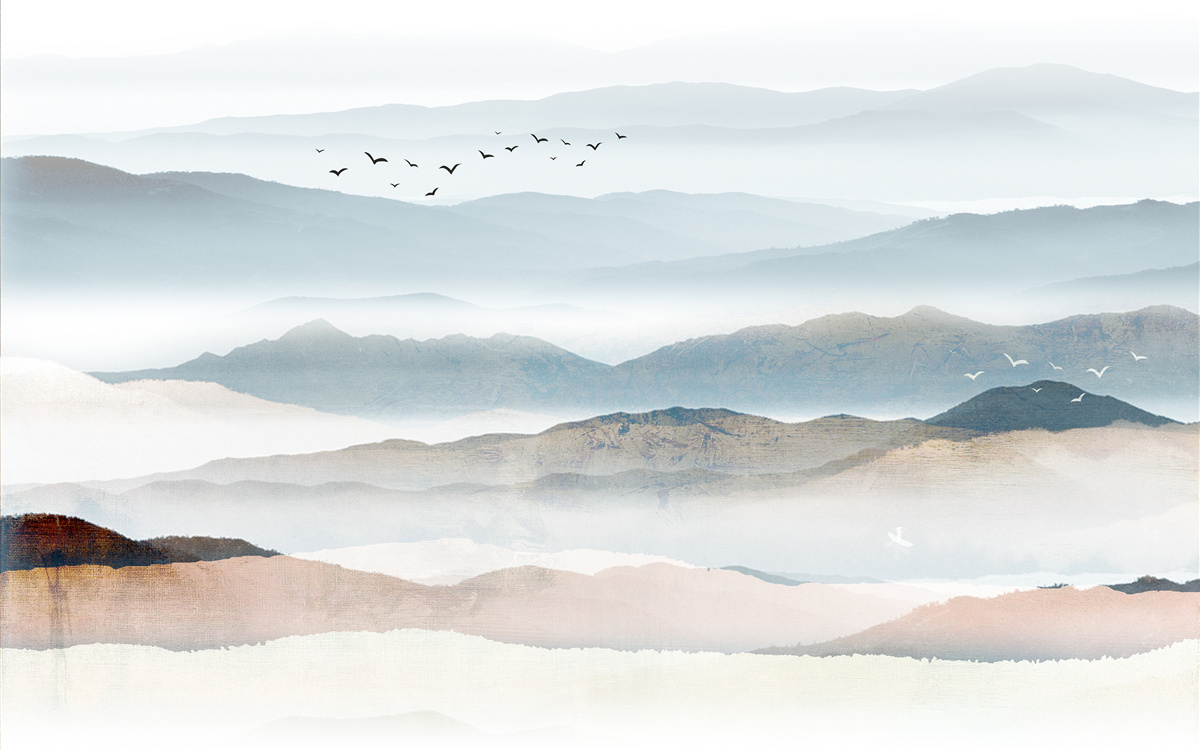 Papier peint des oiseaux survolent une forêt enveloppée de brume matinale