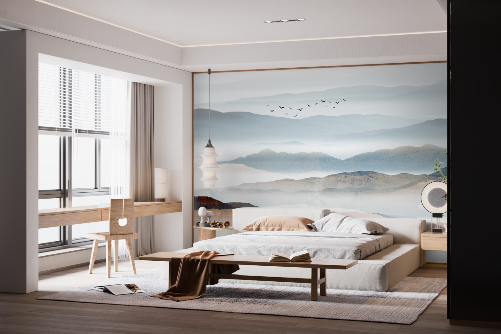 Papier peint des oiseaux survolent une forêt enveloppée de brume matinale