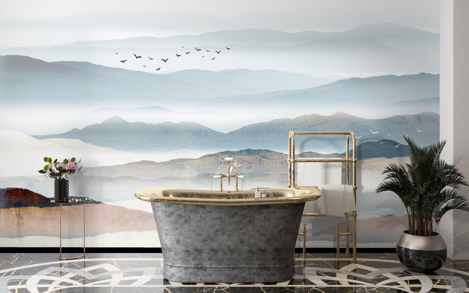 Papier peint des oiseaux survolent une forêt enveloppée de brume matinale