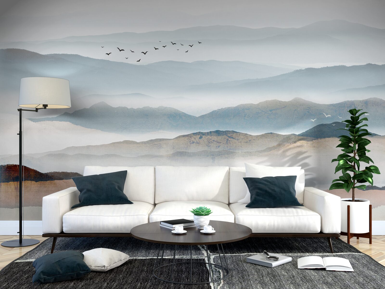 Papier peint des oiseaux survolent une forêt enveloppée de brume matinale