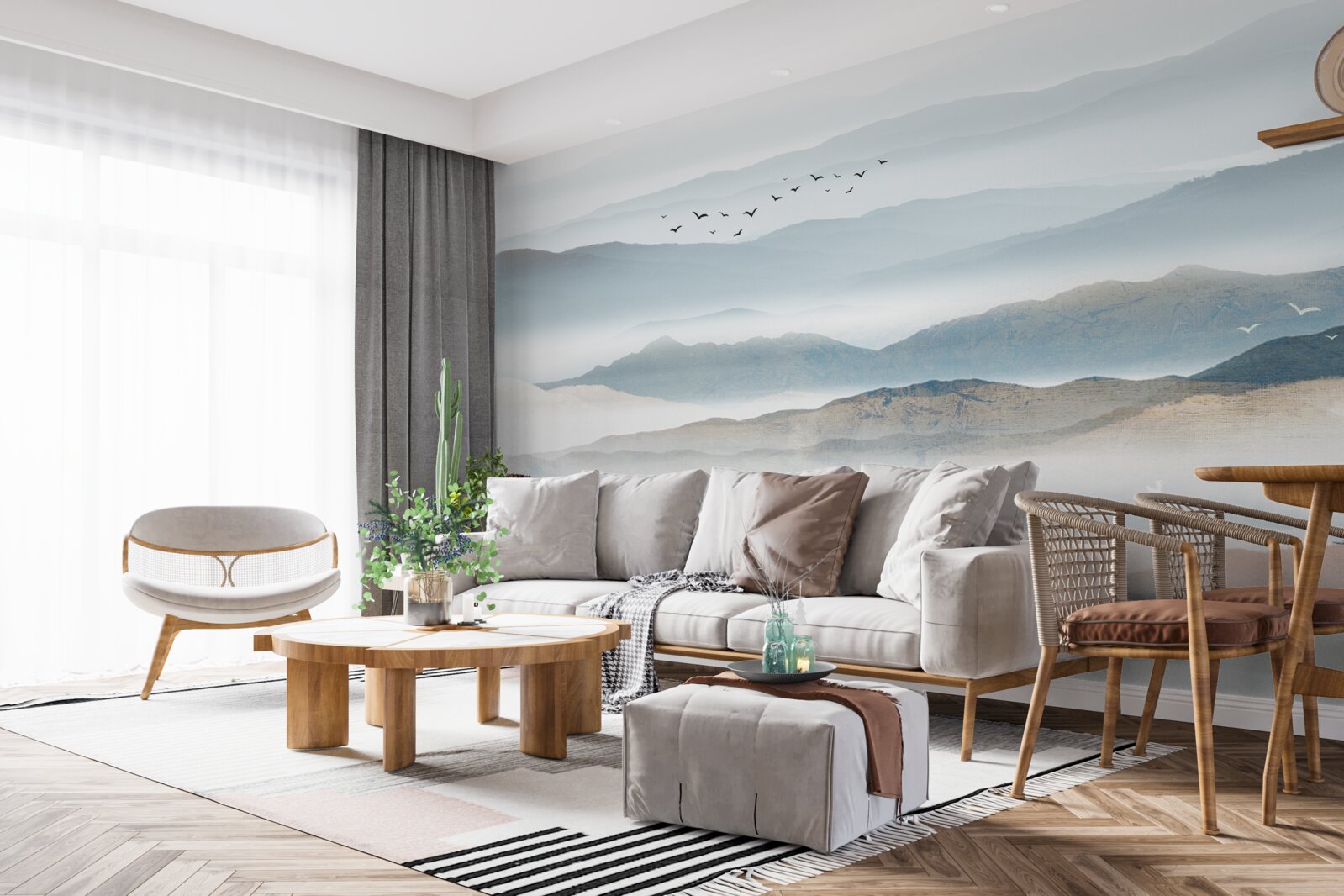 Papier peint des oiseaux survolent une forêt enveloppée de brume matinale