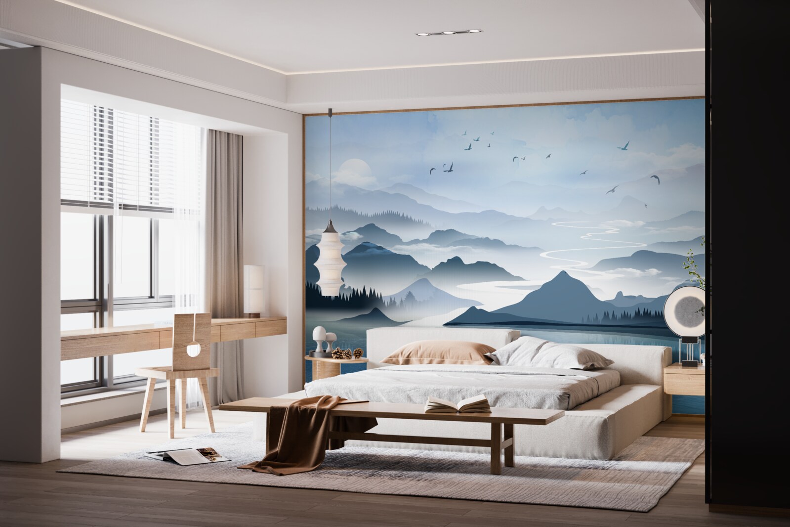 Papier peint pêcher seul à l'aube sur un lac