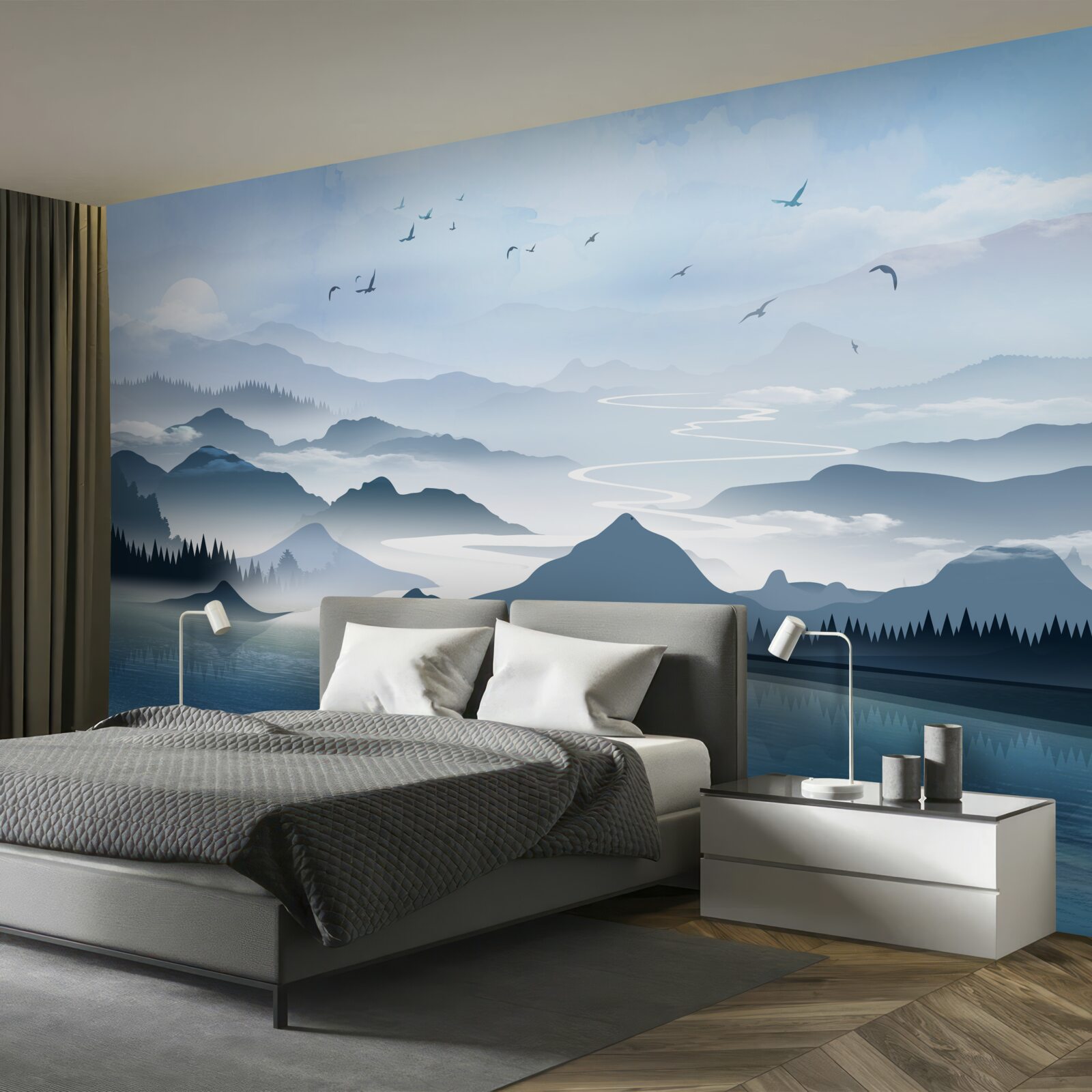 Papier peint pêcher seul à l'aube sur un lac