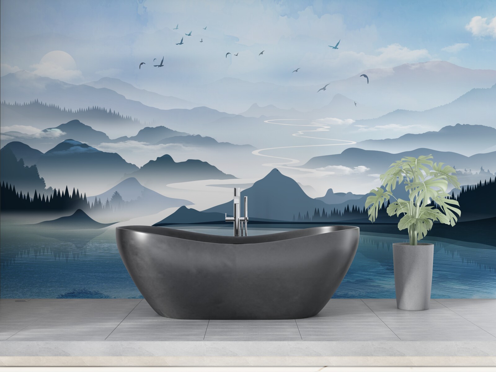 Papier peint pêcher seul à l'aube sur un lac