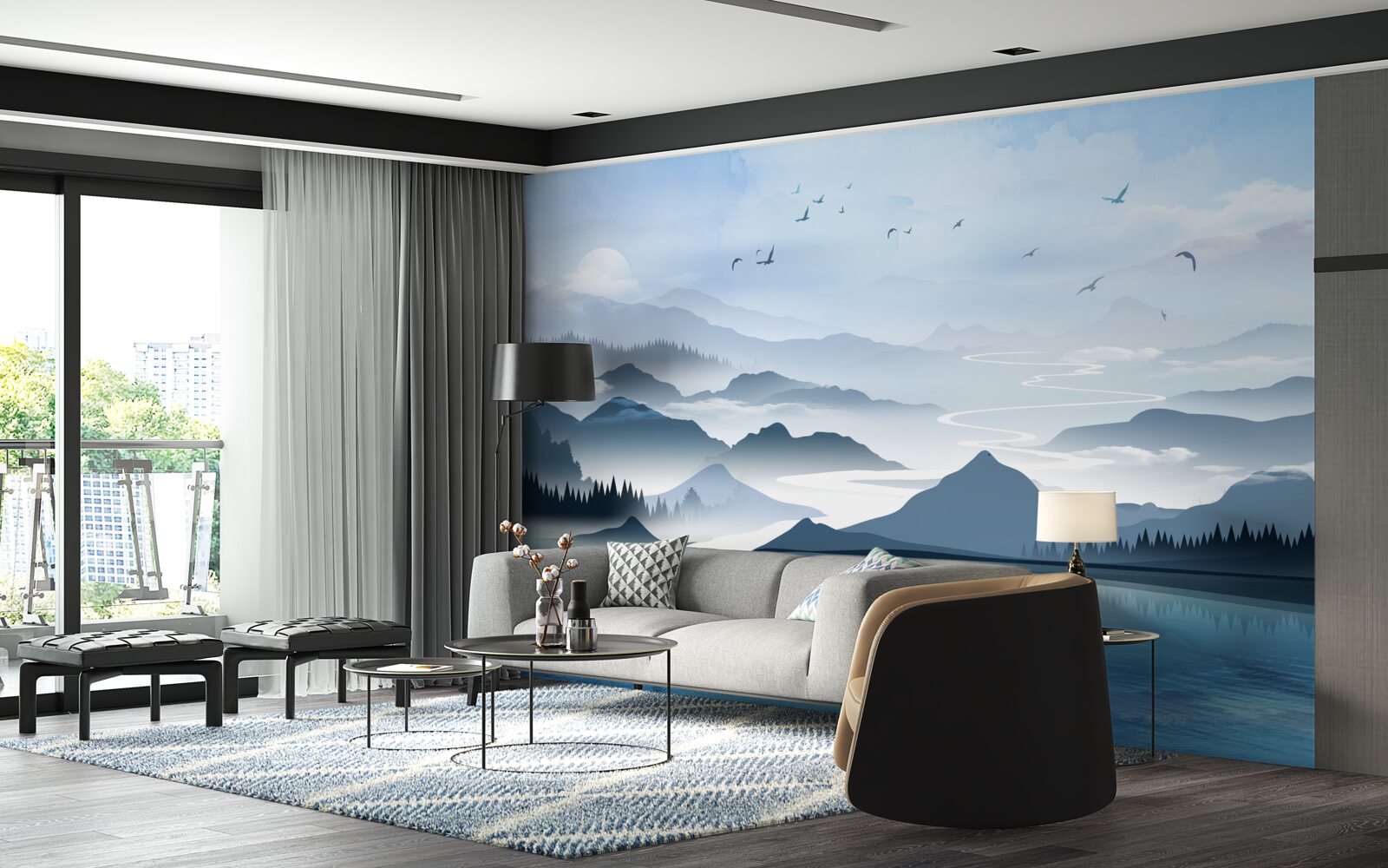 Papier peint pêcher seul à l'aube sur un lac