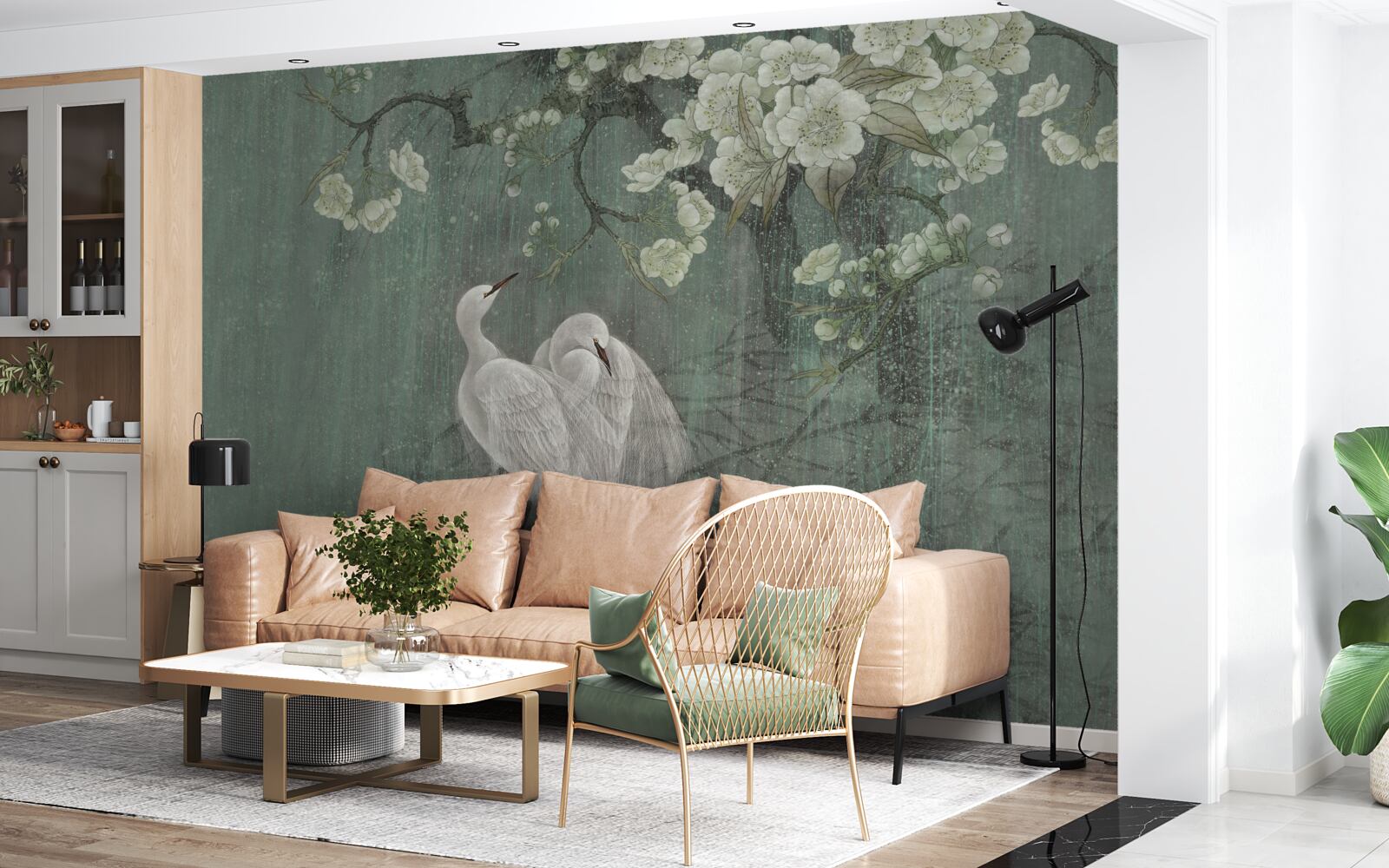 Papier peint les cygnes nagent en pleine floraison sous l'arbre