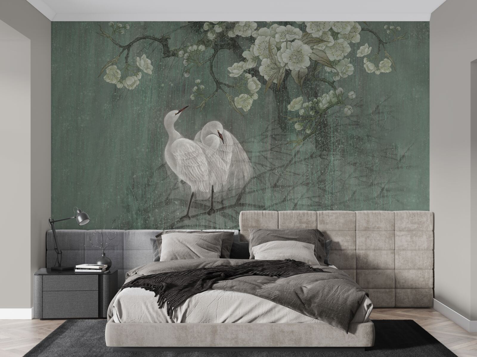 Papier peint les cygnes nagent en pleine floraison sous l'arbre