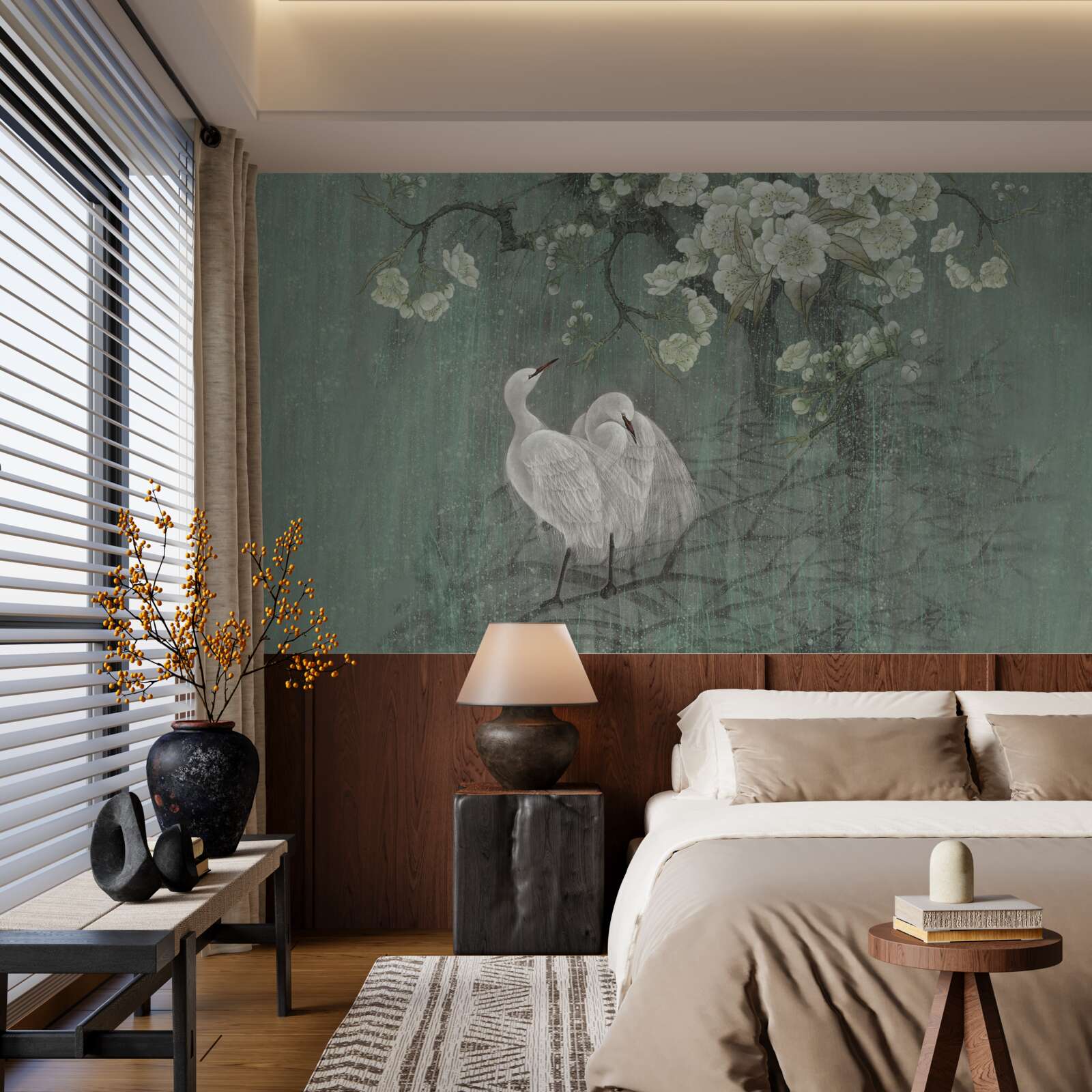 Papier peint les cygnes nagent en pleine floraison sous l'arbre