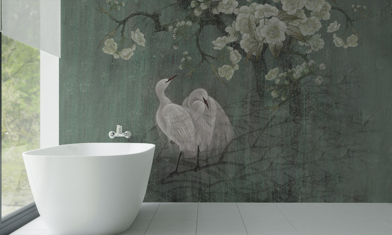 Papier peint les cygnes nagent en pleine floraison sous l'arbre