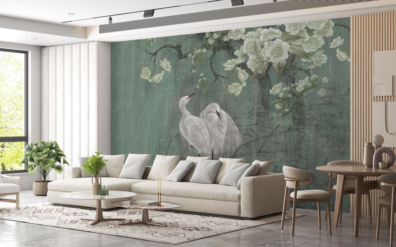 Papier peint les cygnes nagent en pleine floraison sous l'arbre