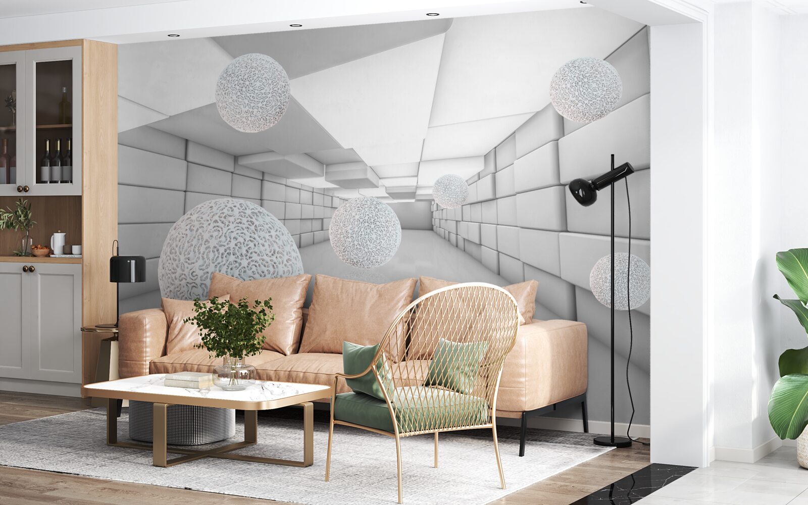 Papier peint des tunnels rectangulaires sont remplis de boules transparentes