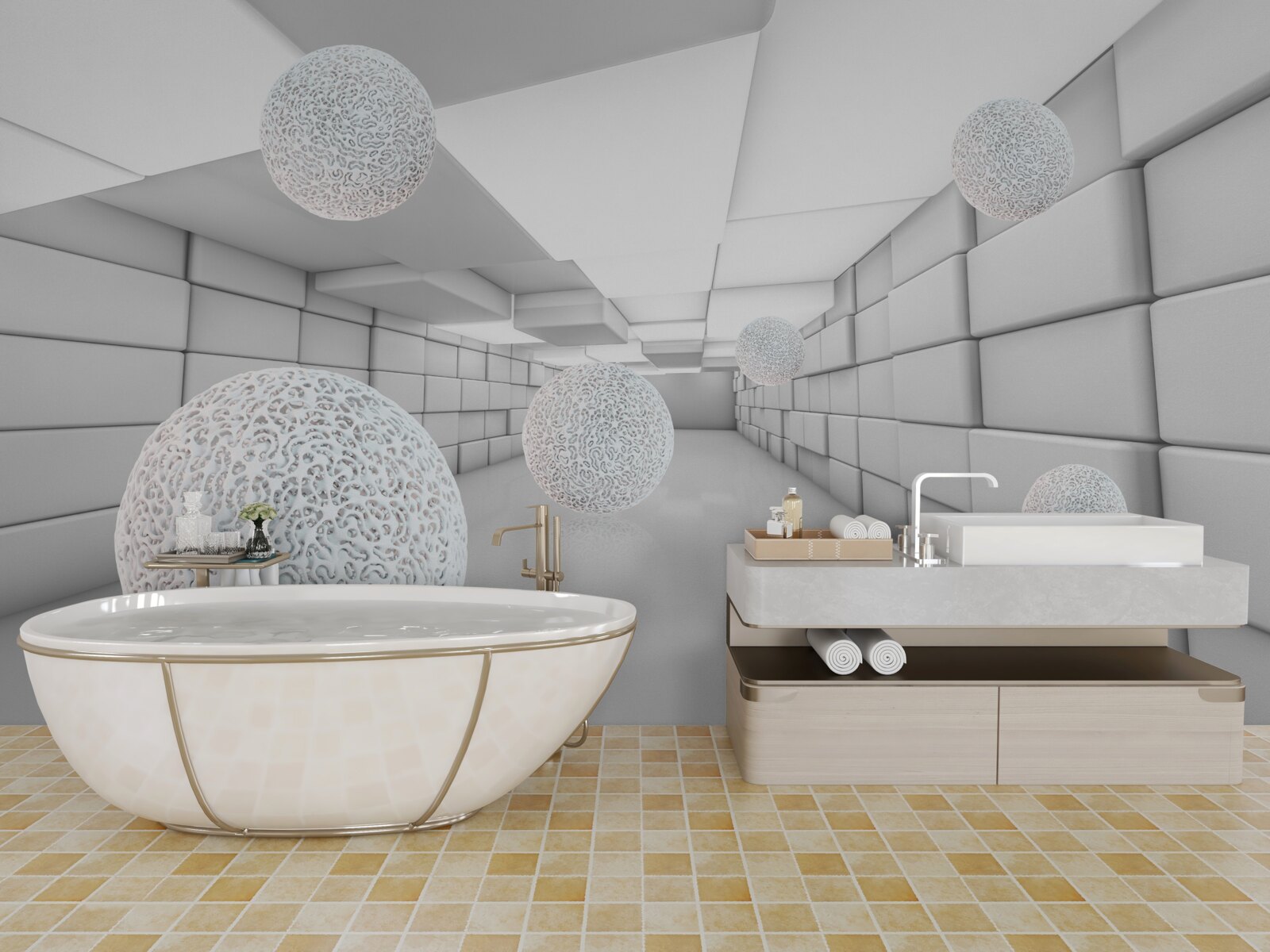 Papier peint des tunnels rectangulaires sont remplis de boules transparentes