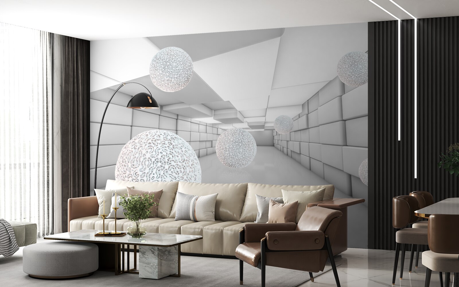 Papier peint des tunnels rectangulaires sont remplis de boules transparentes