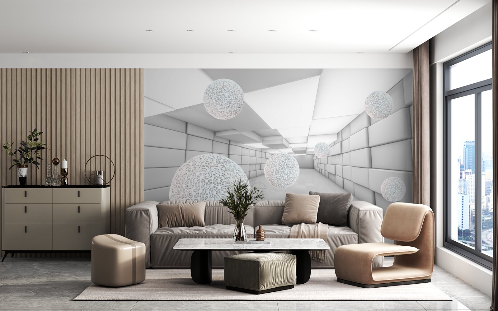 Papier peint des tunnels rectangulaires sont remplis de boules transparentes