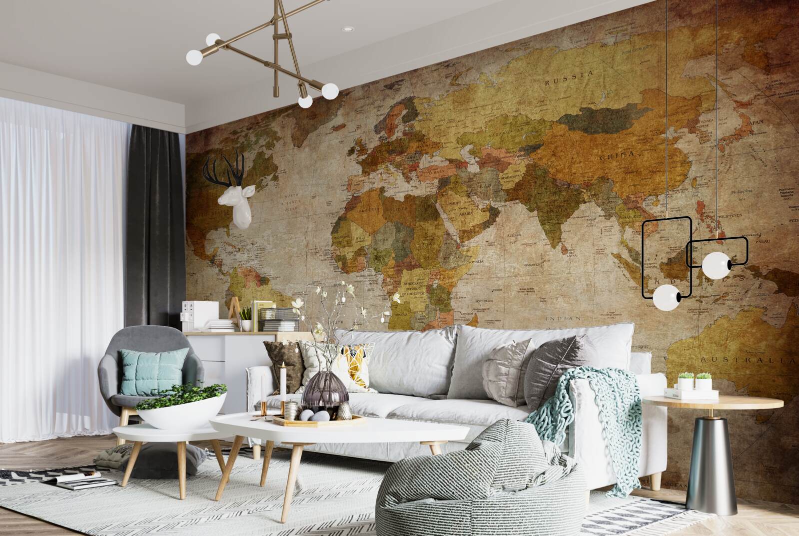 Papier peint carte du monde en nuances de brun