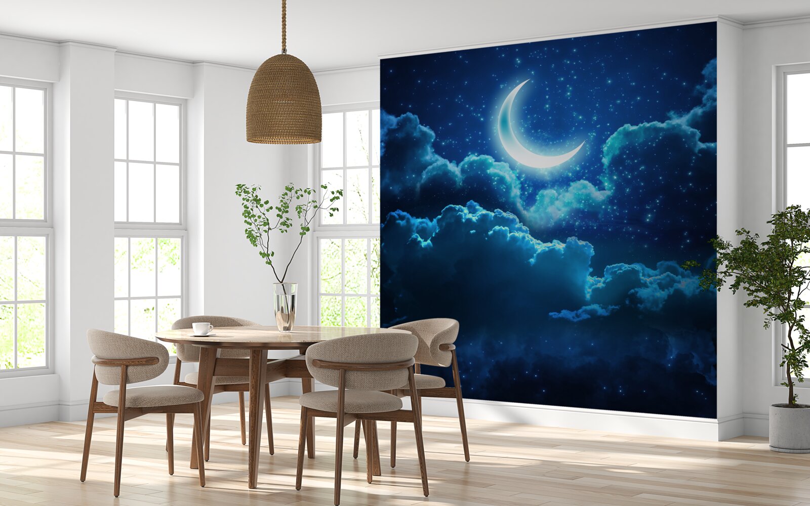 Papier peint la lune magique vole au-dessus des nuages du soir