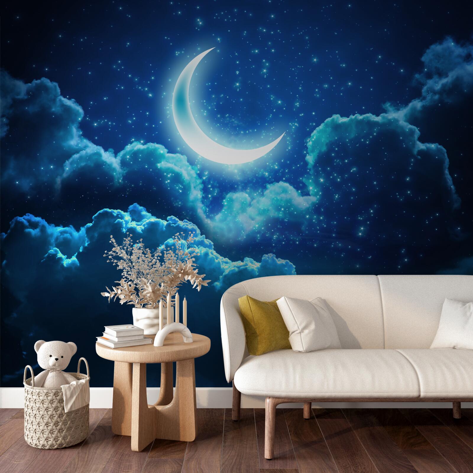 Papier peint la lune magique vole au-dessus des nuages du soir