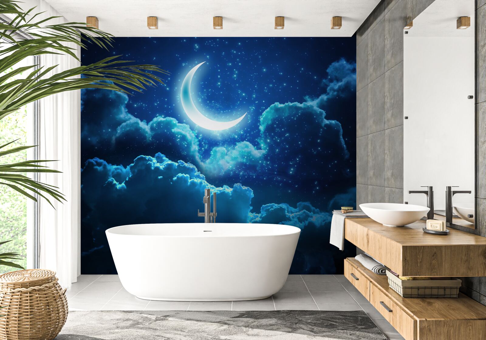 Papier peint la lune magique vole au-dessus des nuages du soir