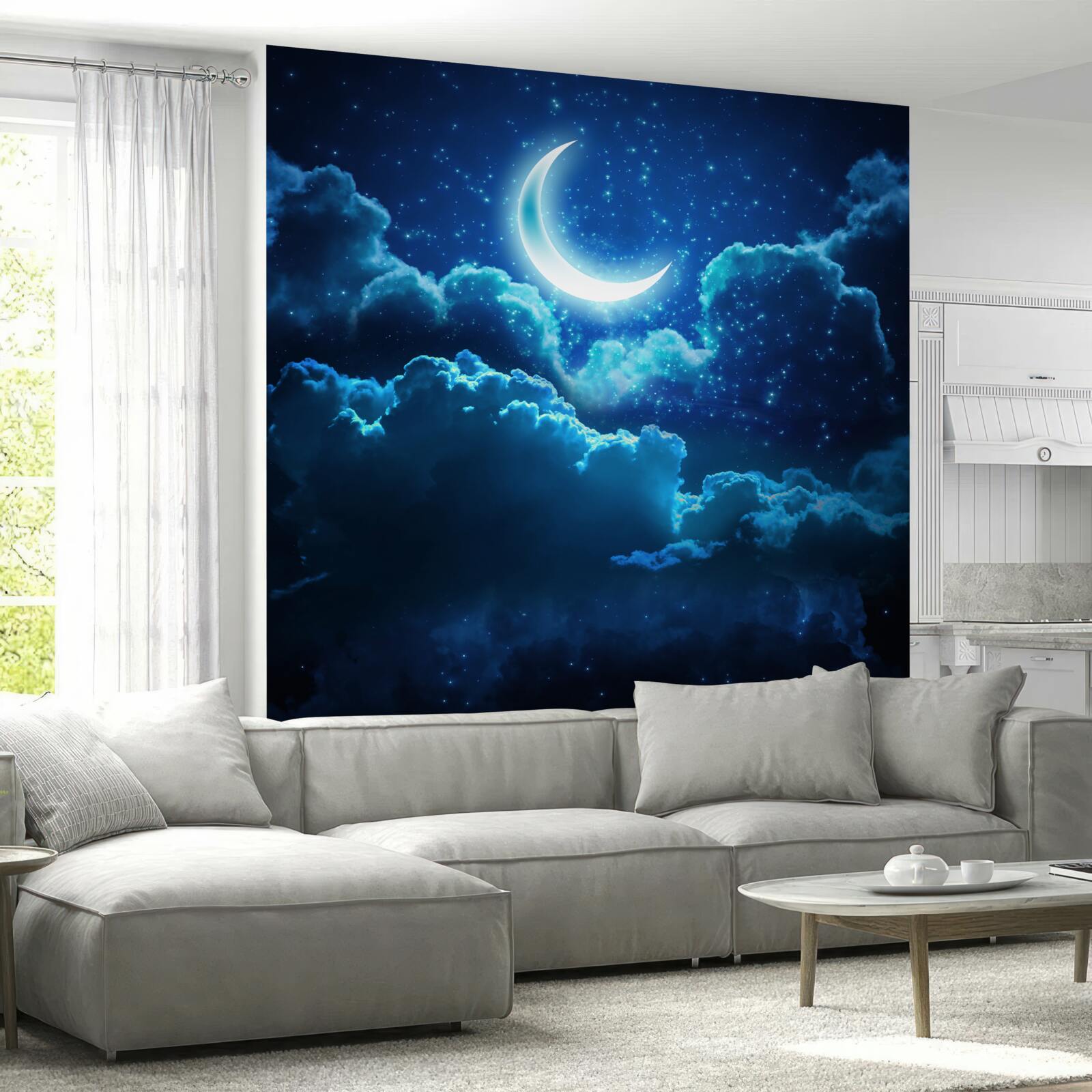 Papier peint la lune magique vole au-dessus des nuages du soir