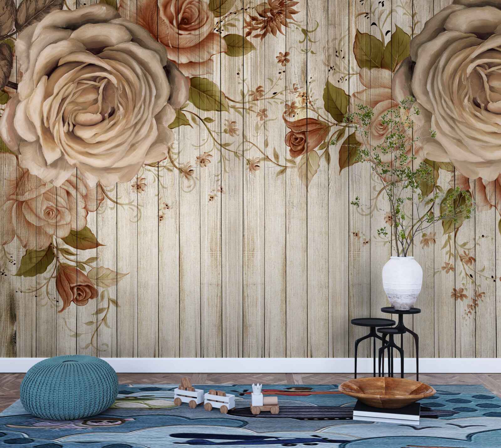 Papier peint Roses fraîches dans des tons crème délicats sur un parquet clair