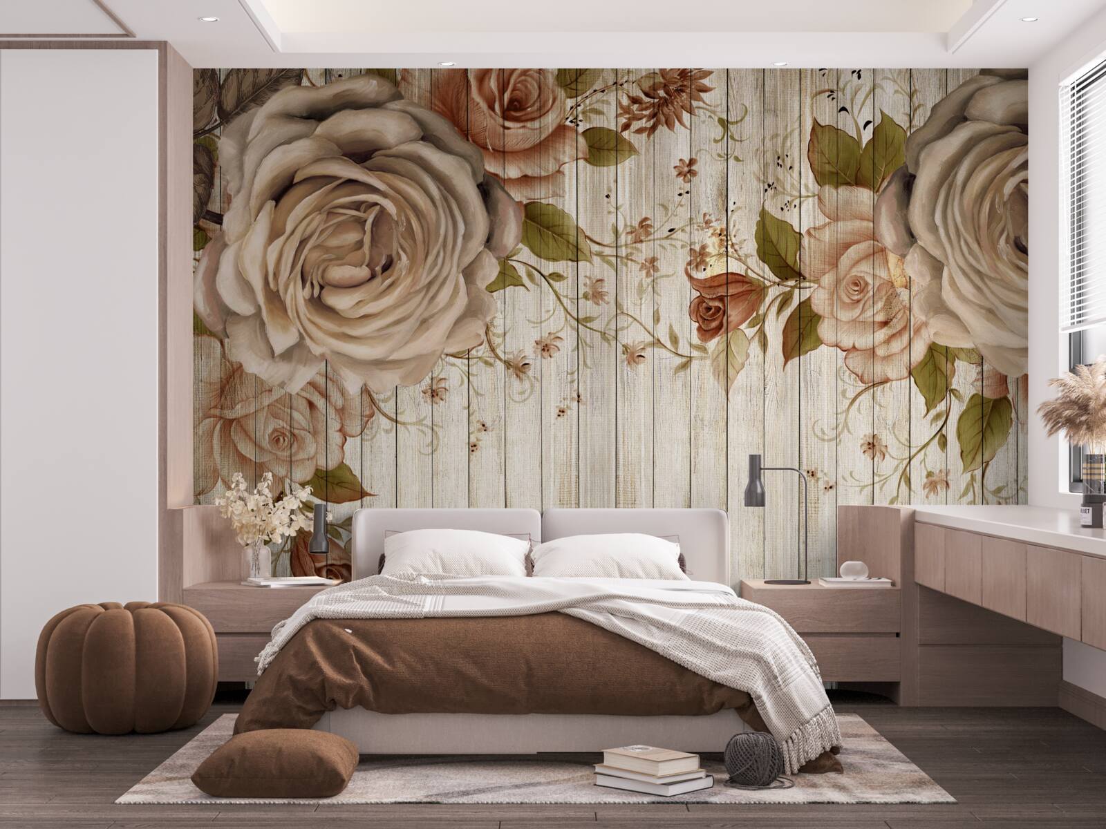 Papier peint Roses fraîches dans des tons crème délicats sur un parquet clair