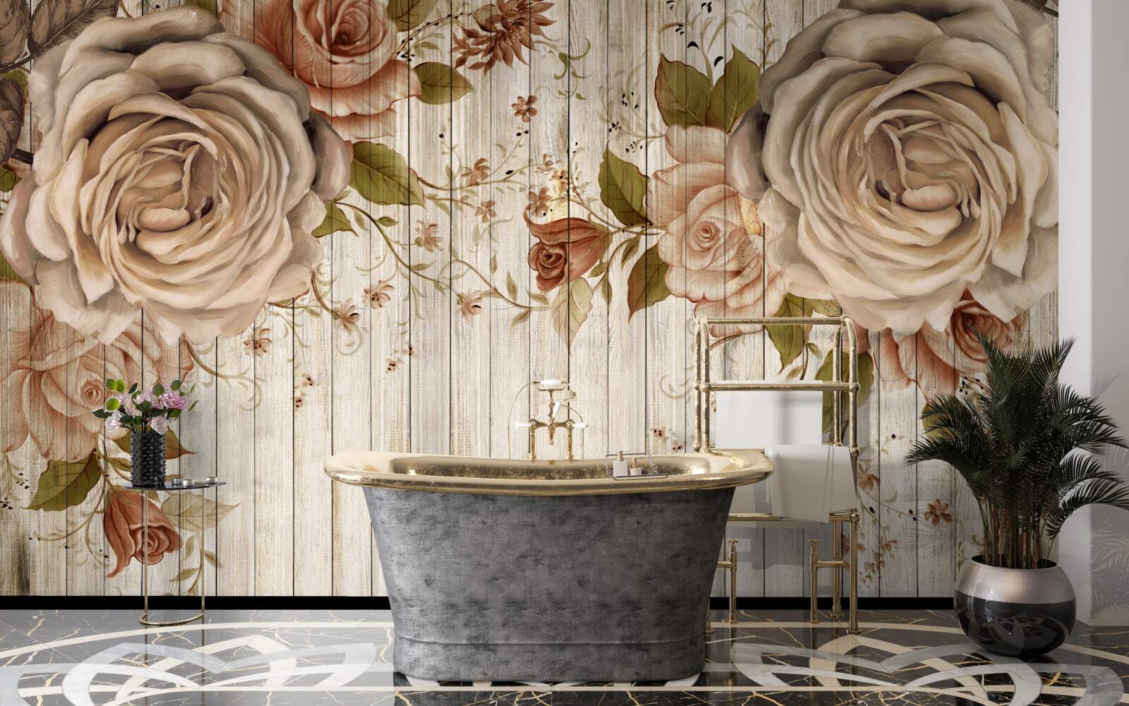 Papier peint Roses fraîches dans des tons crème délicats sur un parquet clair