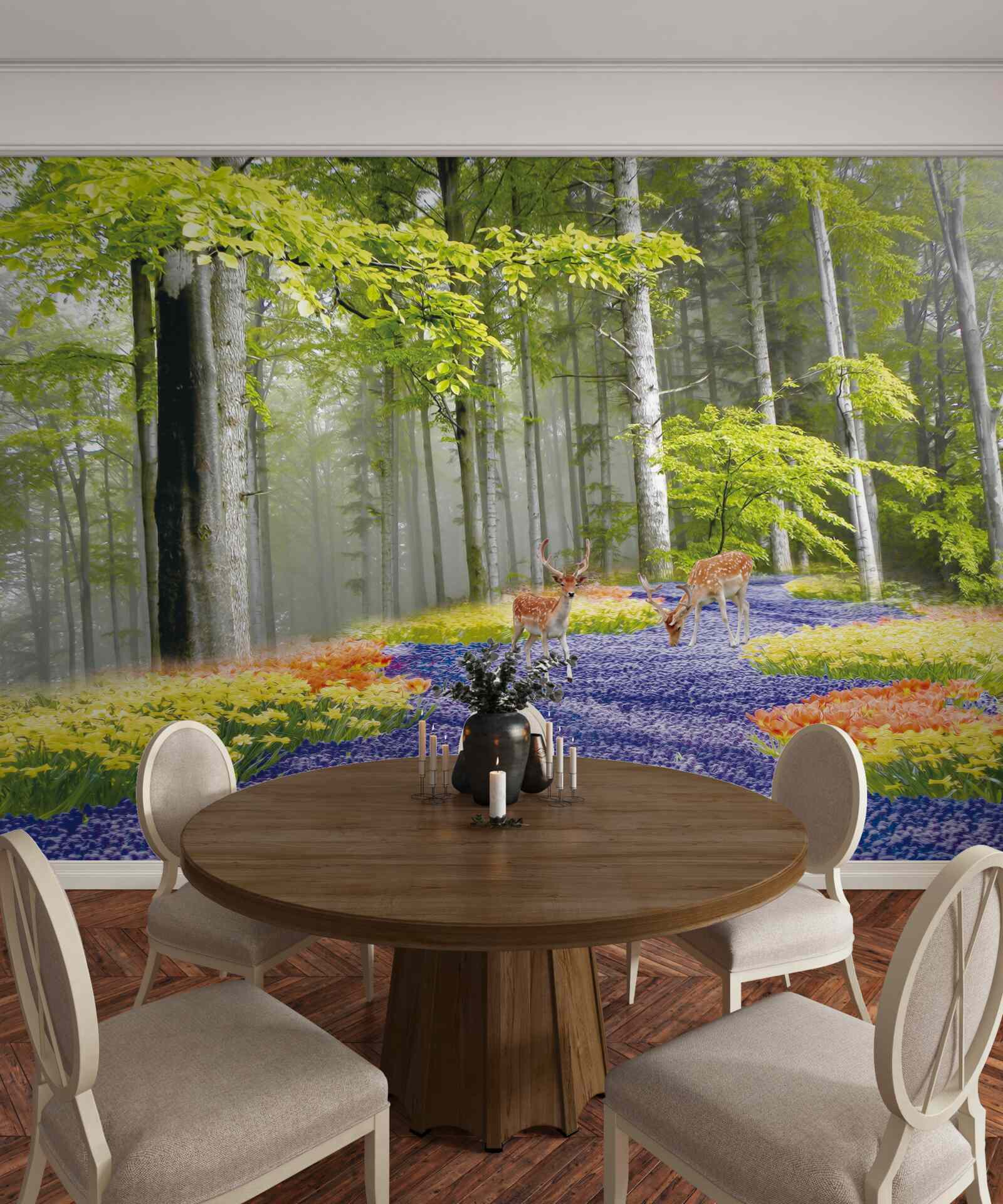 Papier peint des cerfs se promènent dans une forêt verdoyante